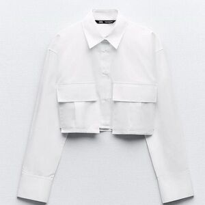 ZARA White Cropped Button Down Shirt Long Sleeve Cotton Pocket Top Size S boxy